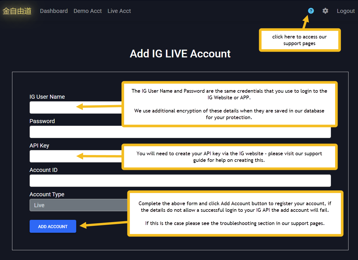 Live account registration form